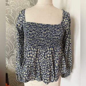 Planet Gold Floral Smocked Blouse - Navy and Yellow